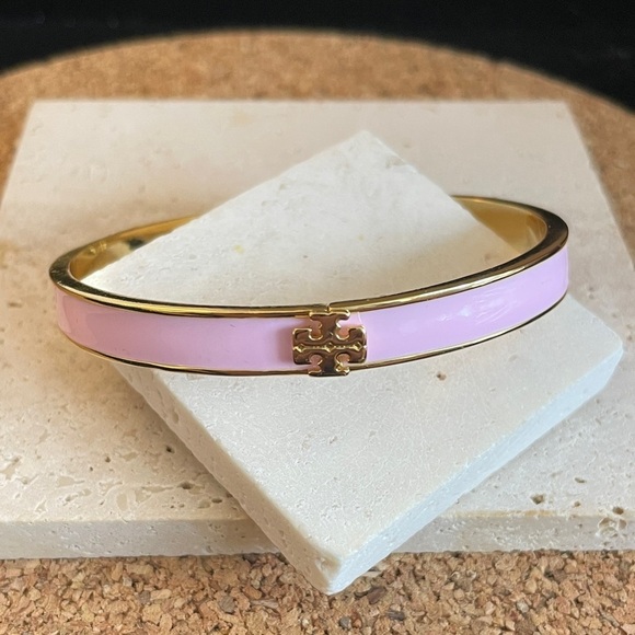 Tory Burch Jewelry - Tory Burch Pink Enamel Hinged Bangle Gold Logo Bracelet Classic